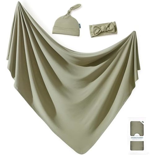 GRSSDER Newborn Swaddle Blanket, Ultra Soft Jersey Receiving Blanket with Matching Headband and Beanie Set, Stretchy Baby Swaddle Nursery Swaddle Wrap, Sage Green, Large