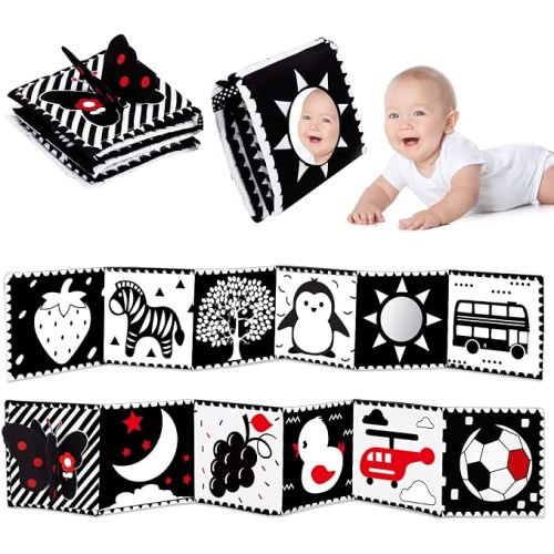 Black and White High Contrast Toys for Baby 0-3 3-6 months Infant Tummy Time Soft Crinkle Book Mirror Sensory Toys 0 2 4 5 6 Month Old Babies Boy Gril Newborn Development Christmas Stocking Stuffer