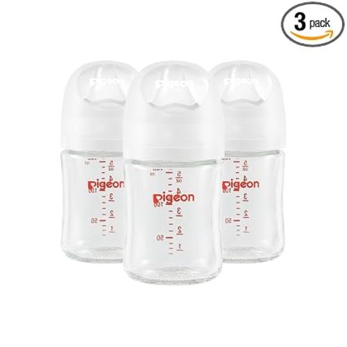 Pigeon Glass Nursing Bottle Wide Neck, Nurture & Nest, Anti-Colic, Streamlined Body, Natural Feel, Easy to Clean, Heat-Resistant, 5.4 Oz (Pack of 3), Includes 3pcs Stage 1 Nipples (0m+)