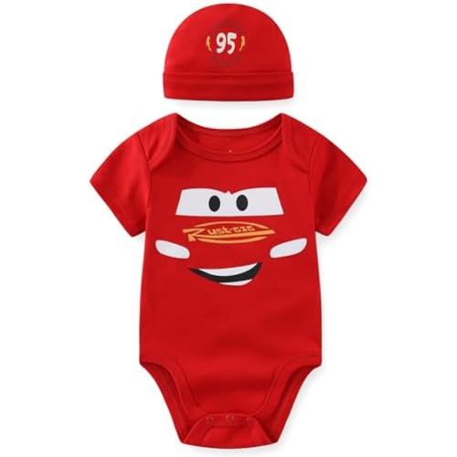 Disney Cars Lightning McQueen Baby Boys Bodysuit with Hat Cap 2 Piece Set for Newborn and Infant