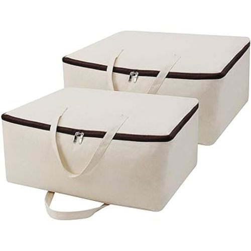 2-Pack Heavy Duty Canvas Cotton Storage Bags for King/Queen Duvets | Soft & Breathable | 3-Zip Opening, Dust Proof Blanket Organizer Bag | 23.6 * 8.7 * 17.7inches