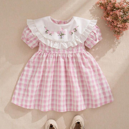 Souflis Souflis Baby Girls' Ruffle Collar Puff Sleeve Plaid & Floral Print Princess Style Summer Dress Baby Girl Clothes Women Summer Dress Kids Dresses For Baby Infant Girl Clothes Dress Baby Girl Baby Girls Dresses | SHEIN USA