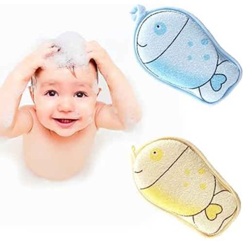 Baby Bath Sponge, 2 Pack Cartoon Animal Style Baby Sponge for Bathing, Infants Bath Sponge Ultra Soft & Absorbent Natural and Safe Great for Sensitive Skin, for Boys & Girls (Fish)