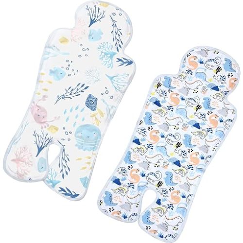Pinkunn 2 Pcs Gel Car Seat Cooling Pad for Baby Summer Breathable Ice Cushion Multifunctional Ice Stroller Cooler Mat for Stroller Baby Dining Chair Child Safety Seat(Vibrant Color,Dinosaur, Sea)