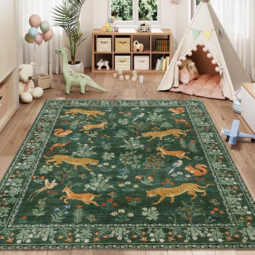 5x7 Green Animal Washable Area Rug for Living Room, Dining Room, Bedroom, Large Carpets, Non Slip & Non-Shedding Low Pile Vintage Print Rug for Home Office Decor