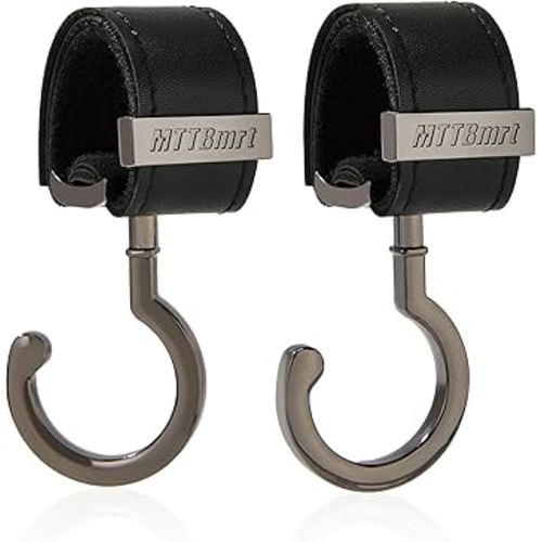 2 Pack Stroller Hooks,Strong Synthetic Leather Hook-and-Loop Fastener&High-Quality Metal Hooks,Universal Bag Clip|360° Rotation, 66lb Capacity,Non-Slip-Fits Wheelchair(Black-Silver Gray)