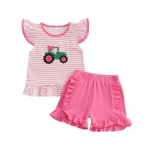 Mobbdow Toddler Baby Girl Farm Outfit Tractor Embroidery Stripe Flutter Sleeve Shirt Tops Ruffle Shorts Set Summer Clothes