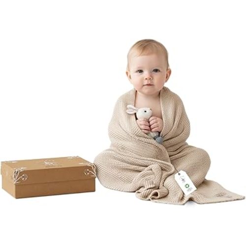 100% Organic Cotton Baby Knitted Blanket with Gift Box - Soft Toddler, Crib, Stroller Blanket - Neutral Swaddle and Receiving Blanket for Newborns, 30"x40", Color Earth Ivory