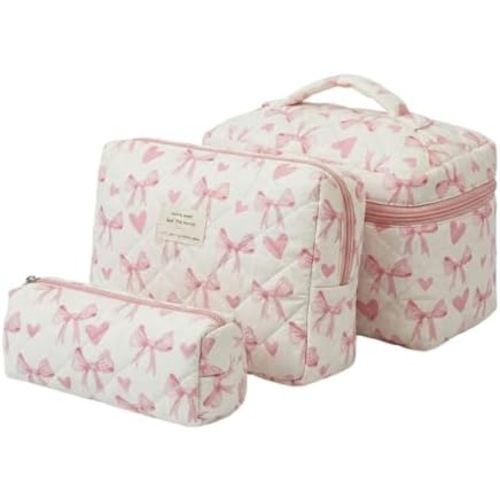 3 PCS Pink Bow Makeup Bag Set, Quilted Cosmetic Bag, Cute Travel Toiletry Organizer for Women, Makeup Storage (Heart-Shaped Bow)