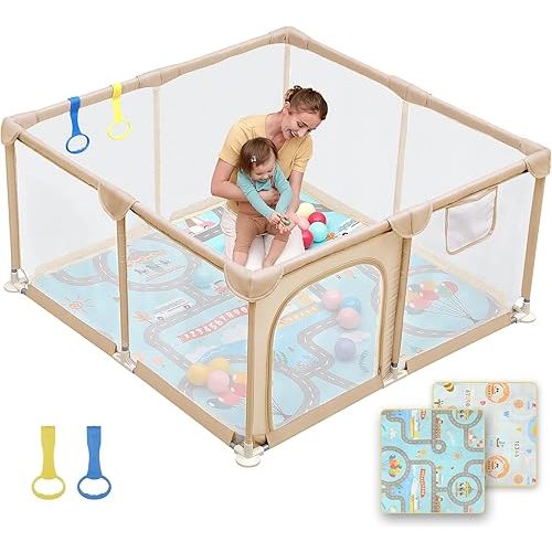 Dripex Baby Playpen with Mat, 47"x47" Play Pen for Toddlers 1-3 Years, Soft Breathable Visible Mesh, Indoor/Outdoor Portable Play Yard with Mat, Safe Baby Fence Play Area, Beige