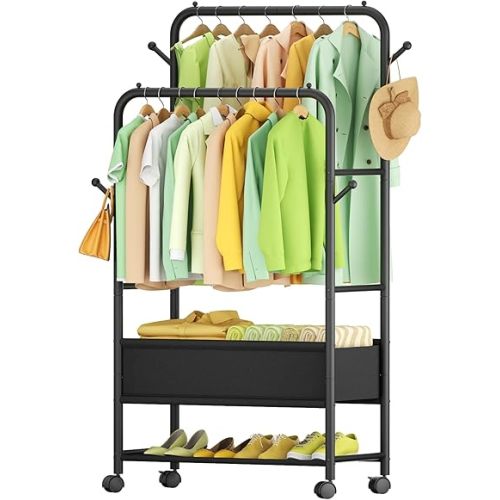 Clothing Racks for Hanging Clothes, Portable Clothing Rack with Wheels Rolling Clothes Racks, Black Garment Racks-Storage Box