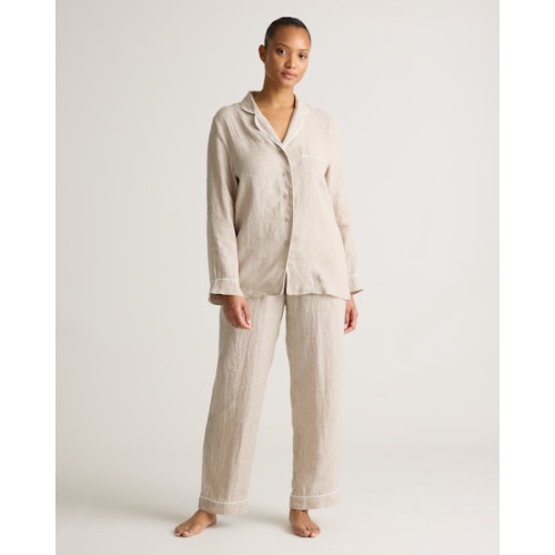 100% European Linen Long Sleeve Pajama Set with Piping in Flax