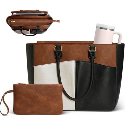 Diaper bag Laptop Tote Bag for Women, Leather Work Tote with Padded Laptop Compartment, Cup Holder, Office Computer Briefcase