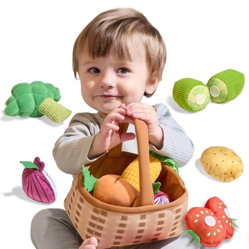 TUMAMA Plush Veggie Basket Play Set Stuffed Vegetable Toys, Baby Toys for 3 6 9 12 Months, Pretend Play Food Sensory Toys
