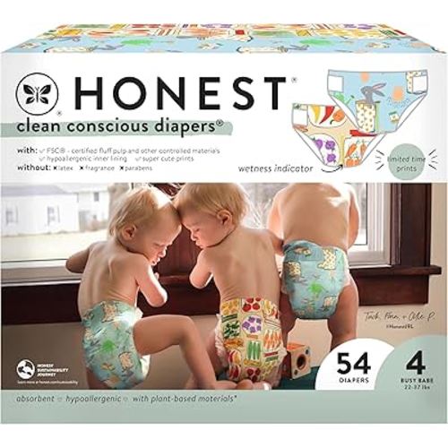 The Honest Company Clean Conscious Diapers for Sensitive Skin | Hypoallergenic, Fragrance Free | Spring '25 Limited Edition Prints | Club Box, Size 4 (22-37 lbs), 54 Count