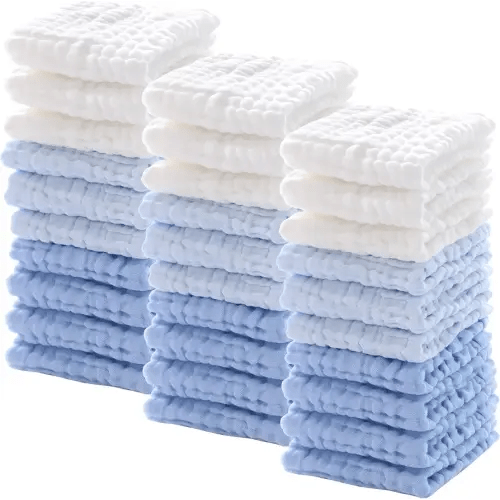 Chumia 30 Pcs Baby Muslin Washcloths Muslin Burp Cloths Baby Towel Natural Cotton Burp Cloths Wipes Soft Newborn Face Towel Absorbent for Face Bath Shower, 12 x 12'' (Light Blue, White, Blue)