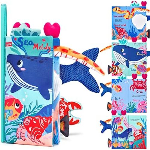 JoyCat Baby Books 0-12 Months, Ocean Tummy Time Crinkle Cloth Book | Ocean sensory cloth book with mirror, 3D crab and fish encourages tummy time, exploration and early learning for babies.