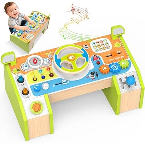 Montessori Busy Board Car Steering Wheel Toy for Toddlers 1-3, Wooden Sensory Activity Board with Light Sound, Educational Toys for Fine Motor Skills, Birthday Gift for Boys Girls