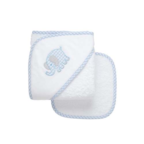 3 Martha’s Elephant Applique Hooded Towel & Washcloth Set, Blue