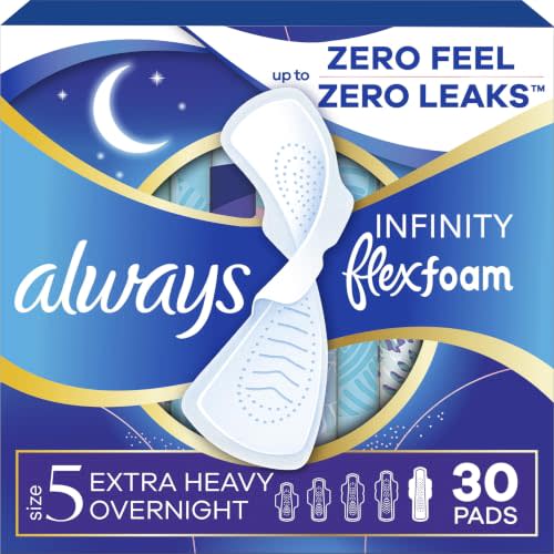 Always Infinity Feminine Pads for Women, Flexfoam Pads with Wings, Size 5, Extra Heavy Overnight Absorbency, Unscented, 30 Count