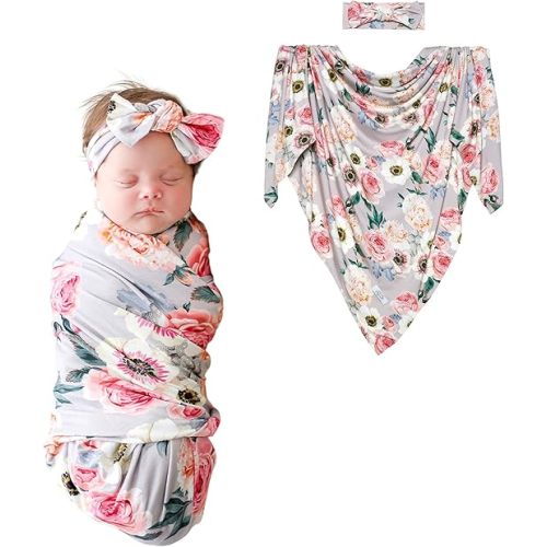 Posh Peanut Swaddle Blanket & Headband Set – Viscose from Bamboo Stretchy Baby Swaddle for Newborn Girls, Receiving Blanket or Nursing Cover