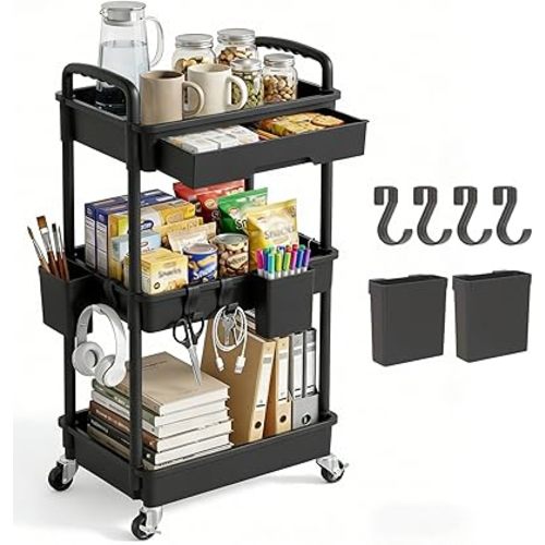 3 Tier Rolling Utility Cart with Drawer, Plastic Storage Organizer Rolling Carts with Wheels Handles Hanging Cups Hooks for Office, Bathroom, Kitchen,Craft Art Room (Black)