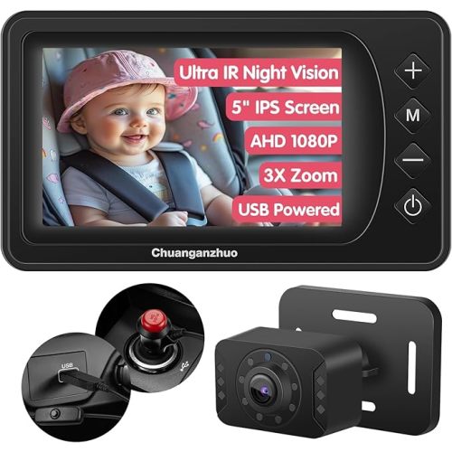 S100P Baby Car Camera with Ultra Night Vision, 5'' HD 1080P IPS Baby Car Monitor with 3X Zoom, Backseat/Carseat/Rear Seat Camera USB, Easy No-Damage Install, Safety for Infants and Pets (5inch Black)
