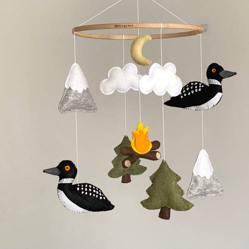 Baby mobile Woodland nursery mobile Neutral nursery decor Loon bird, tree and mountain felt mobile Baby shower gift