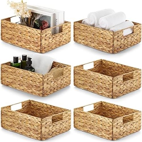 BLUEWEST Water Hyacinth Storage Baskets (Set of 6) – Woven Hyacinth Organizer with Carrying Handles, Laundry Basket for Organizing, Rattan Bin for Shelves