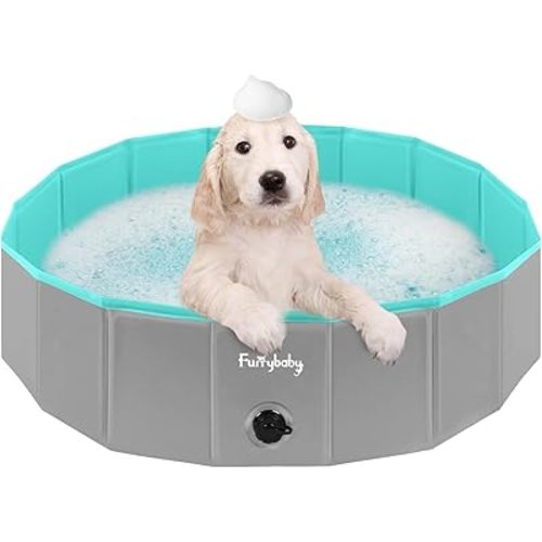 Furrybaby Dog Pool, Kiddie Pool Hard Plastic Foldable Dog Pools for Large Dogs Portable Pet Doggie Wading Swimming (Grey 47'') Indoor and Outdoor