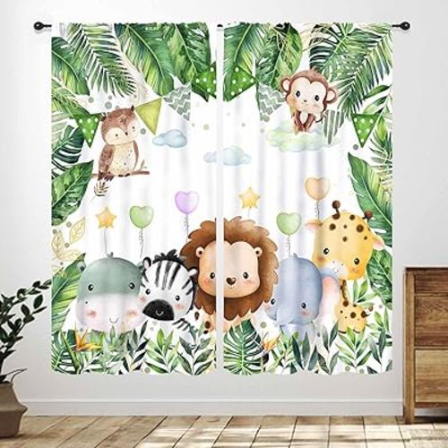 Safari Animals Curtains for Kids Room,Woodland Jungle Animals Lion Giraffe Elephant Cartoon Watercolor Animal Kids Baby Window Drape Treatments for Bedroom Living Room Living,42X45 Inch
