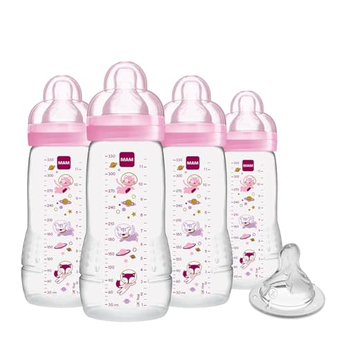 MAM Easy Active Baby Bottle 4 Pack, 11oz, BPA Free, Fast Flow Silicone Nipple, Anti-Slip Grip, Leak-Proof, 4+ Months, Purple Iris