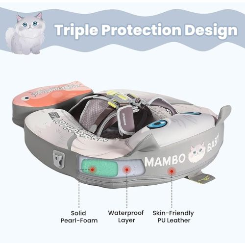 Mambobaby No-Flip Baby Pool Float with Canopy & Tail Non-Inflatable Swim Float for Infants, Pearl-Foam, UPF 50+ & Adjustable Safety Five-Way Harness, Skin-Friendly for Boys Girls 3-24 Months-Cat