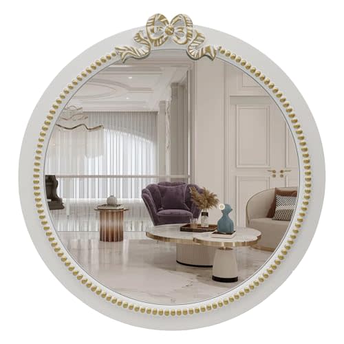 Vintage Round Bow Mirror: 28inch Farmhouse Bathroom Mirror with White Wooden Framed for Wall Decor - Traditional Decor for Home Dressing Table/Living Room/Entryway/Mantel