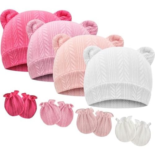 BQUBO Newborn Baby Hats Bear Ears and Mittens Sets Preemie Caps Baby Boy Girl Infant Hospital Beanie for 0-3 Months