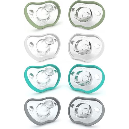 Nanobebe Baby Pacifiers 0-3 Month - Orthodontic, Curves Comfortably with Face Contour, Award Winning for Breastfeeding Babies, 100% Silicone, Baby Registry Gift 8pk, Sage/White/Teal/Grey