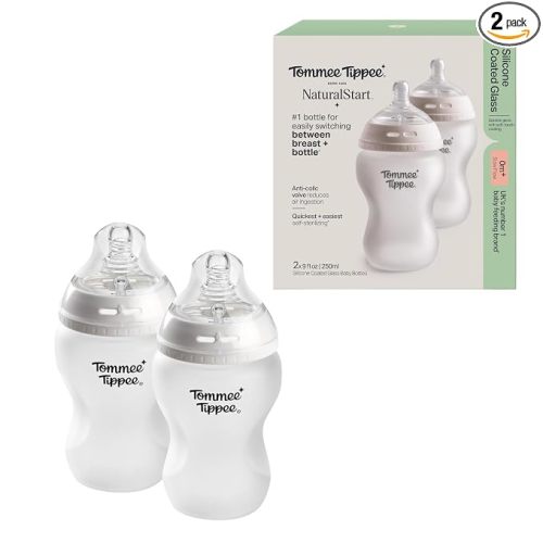 Tommee Tippee Silicone Coated Glass Baby Bottles, Anti-Colic, 0m+, 9oz | Pack of 2, Slow Flow Breast-Like Nipple, Shatter-Proof Glass, BPA Free