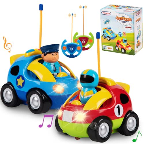PREXTEX 2 Pack Cartoon Remote Control Cars for Toddlers - Police Car and Race Car with Steering Wheel Controllers and Lights - Different Frequencies Racing Together - Easter Toddler Gift 18+ Months.