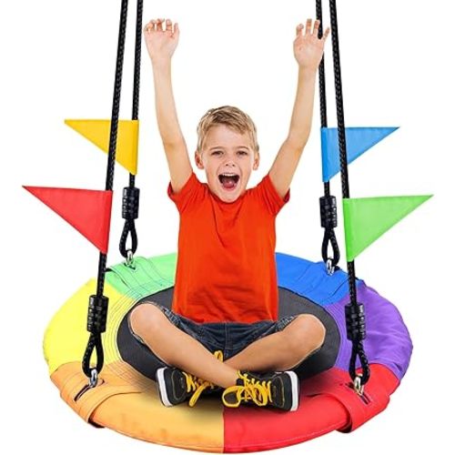Odoland 24 inch Children Tree Swing, Outdoor Small Saucer Swing Platform Swing for Kid, Round Flying Swing wirh Adjustable Hanging Ropes for Backyard, 220lb Weight Capacity Great for 1-2 Kids