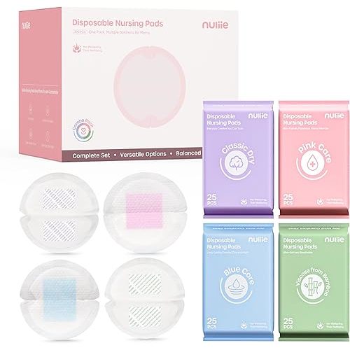 Nuliie 100 PCS Disposable Nursing Pads, Ideal for First-Time Buyers to Find Perfect Match, 4 Materials Trial (Viscose from Bamboo, Classic, Blue Core, Pink Care), Breastfeeding Essentials for New Moms