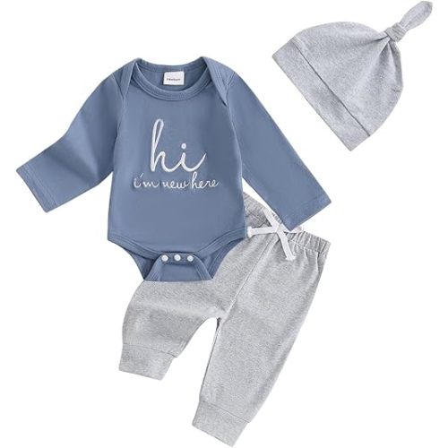 Newborn Baby Boy Clothes Hi I'm New Here Coming Home Outfit Letter Print Romper Pant Fall Winter Baby Boy's Clothing