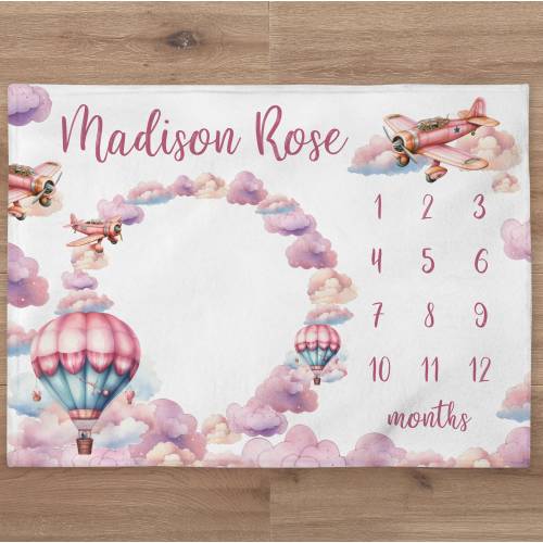 Pink Airplane Milestone Blanket Personalized Baby Girl Month Blanket Air Balloon Nursery Custom Age Newborn Tracker New Mom Baby Shower Gift