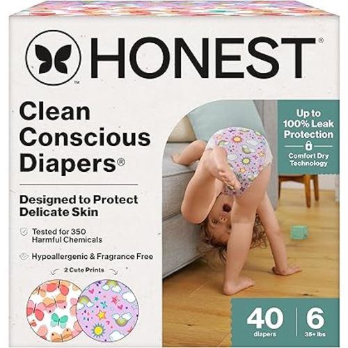 The Honest Company Comfort Dry Disposable Diapers for Sensitive Skin, Hypoallergenic, Fragrance-Free, Sky's The Limit + Wingin It, Club Box, Size 6 (35 lbs), 40 Count
