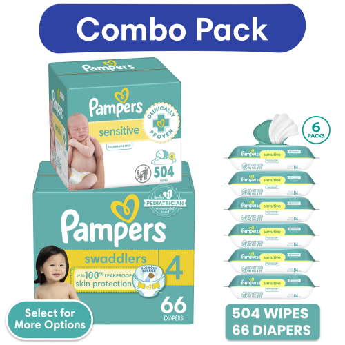 Pampers Swaddlers Diapers, Size 4, 66 Count and Pampers Sensitive Baby Wipes 6-Pack 504 Wipes (Select for More Options)