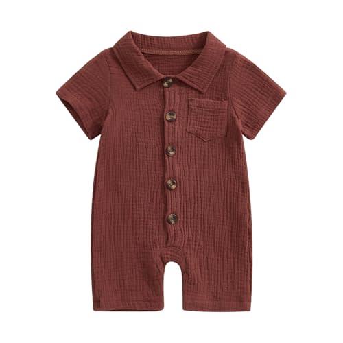 Honganda Summer Baby Boy Cotton Linen Jumpsuit Short Sleeve Button Down Playsuit Romper One Piece Outfit 0-24M