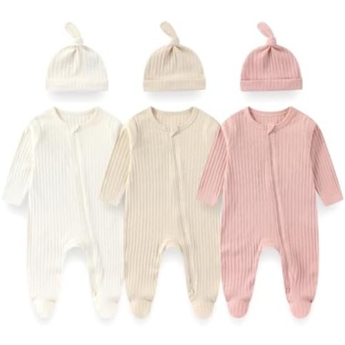 Unisex Newborn Baby Long Sleeve Romper 3-Pack with Matching Hats Solid Color Outfits