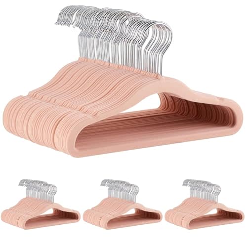 Amazon Basics Kids Velvet, Non-Slip Clothes Hangers for Infant and Toddler, 11.6 in (for Baby Clothes), Pack of 50, Blush (Pack of 4)