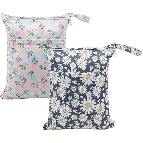 ALVABABY 2pcs Cloth Diaper Wet Dry Bags Waterproof Reusable with Two Zippered Pockets Travel Beach Pool Daycare Soiled Baby Items Yoga Gym Bag for Swimsuits or Wet Clothes L0821