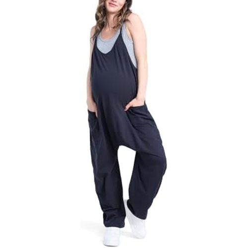 Motherhood Maternity Women's Casual Baggy Sleeveless V-neck Pregnancy Romper Jumpsuit With Loose Spaghetti Straps and Pockets