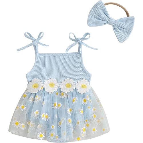 Baby Girl Clothes Daisy Ribbed Bodysuit Sleeveless Romper Dress Summer Outfit for Girls Newborn 3 6 9 12 18 Months